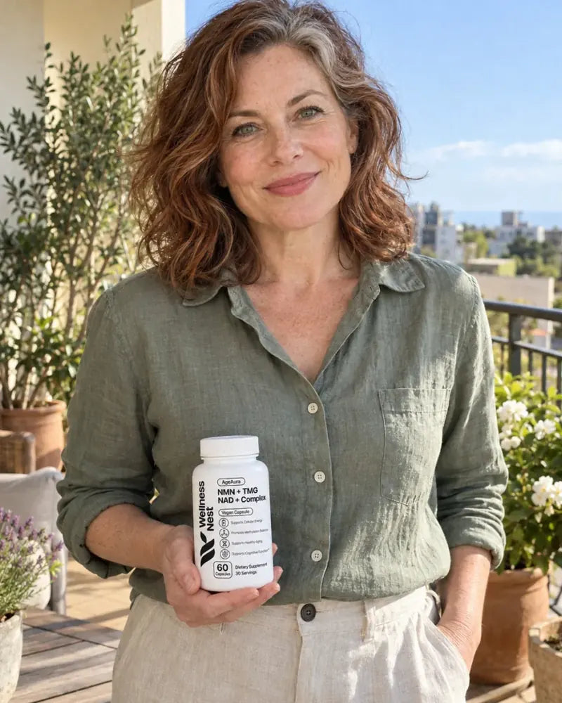 A woman on a sunny balcony with a bottle of AgeAura in her hand at waist height