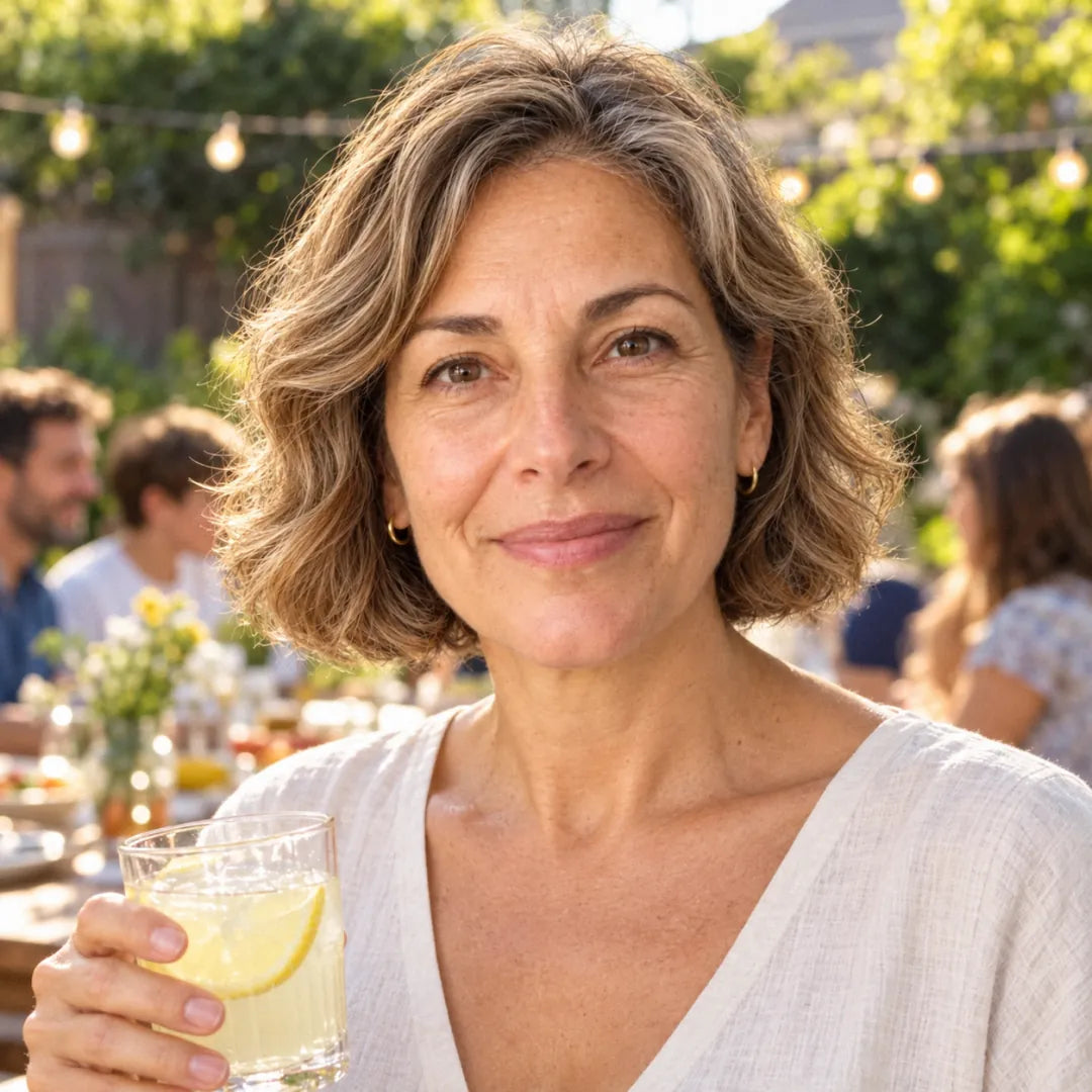 The same woman at a family barbecue in the garden with a glass of lemonade, bare-faced