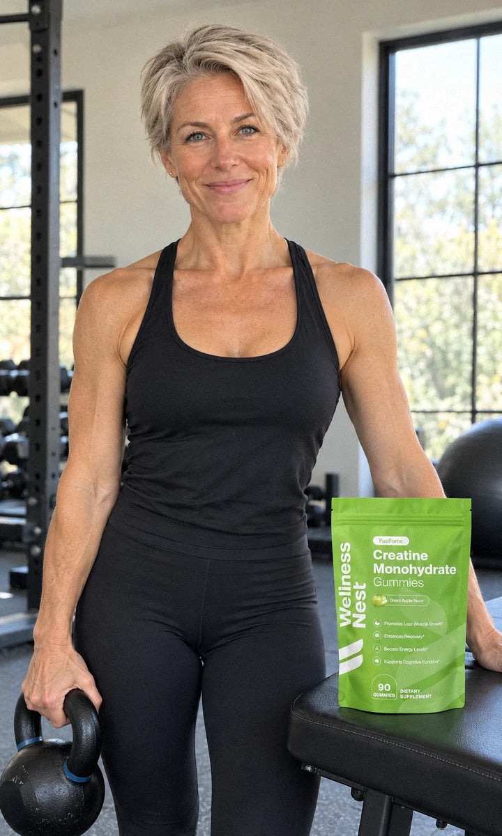 Increases Strength and Power: a woman of 52 holding a dumbbell in each hand at shoulder height in a home gym, the pouch on the bench beside her (illustrative)