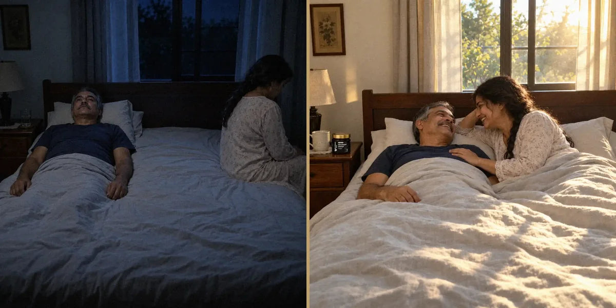 A couple in their fifties in the same bedroom twice: at night he lies stiff on his back and she sits on the far edge of the bed with her back to him; in the morning she leans over him laughing, his eyes on hers, the ShilaSource jar on the nightstand