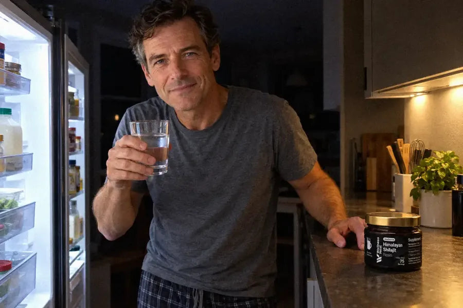 A man of about 57 stands barefoot in a dark kitchen at three in the morning by the open fridge, a glass of water in his hand, smiling to himself, the ShilaSource jar on the counter