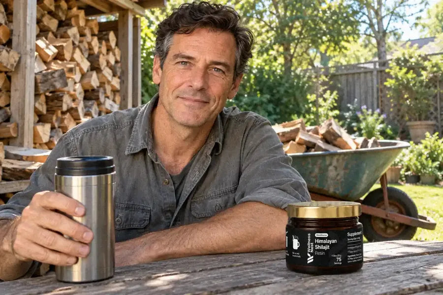 The same man in a sunny backyard in the afternoon by a stack of firewood, still full of energy, a thermos and the ShilaSource jar on the garden table