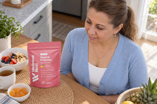 Woman checking FloraFresh vaginal probiotic gummies beside breakfast on a kitchen table