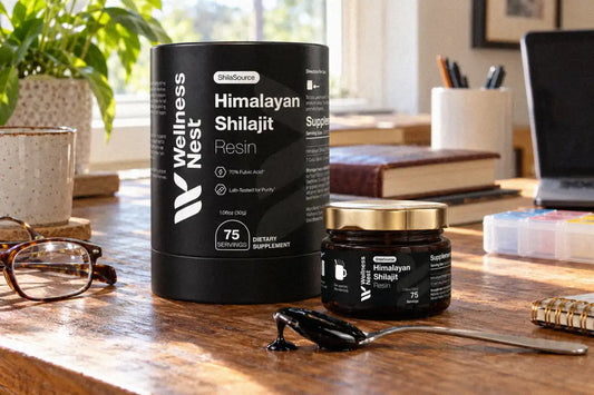 ShilaSource Himalayan Shilajit Resin matte black canister and amber glass jar on a US home-office table