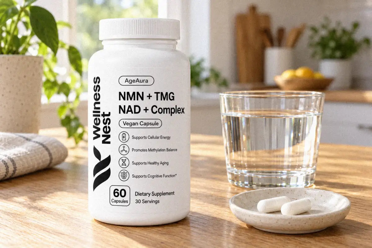 AgeAura Pure NMN + TMG NAD+ Complex bottle on an oak kitchen table in early-afternoon light, with a glass of water and two capsules on a saucer