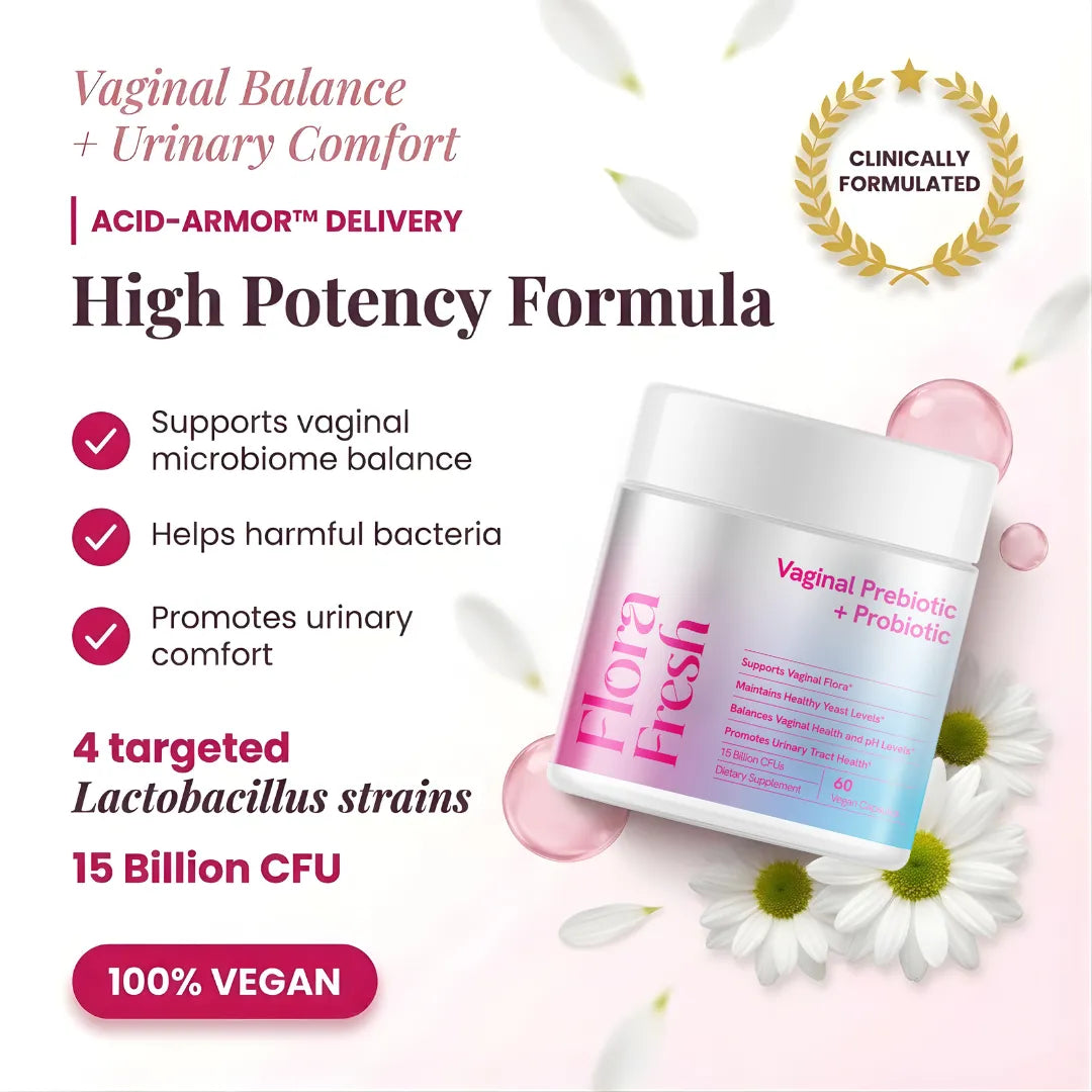 Flora Fresh vaginal probiotic product with features and benefits on a white background