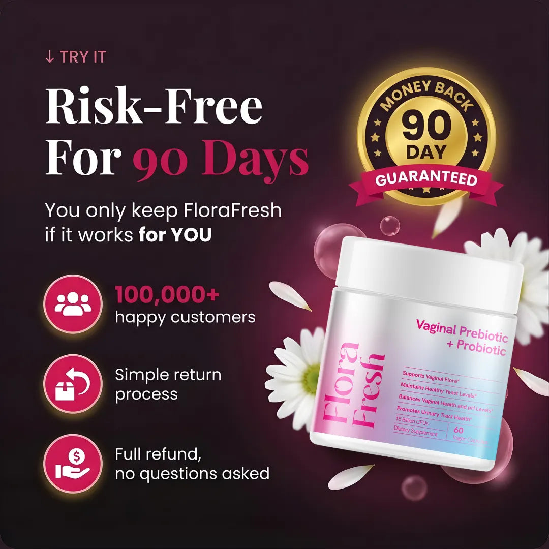 FloraFresh vaginal probiotic product with promotional text on a dark background