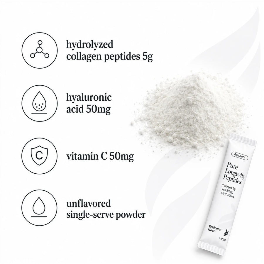 5000mg hydrolyzed collagen + 50mg HA + 50mg vitamin C — single-serve powder