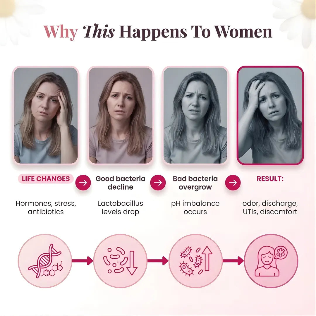 Diagram explaining why women experience certain health issues with text and images of women showing distress.