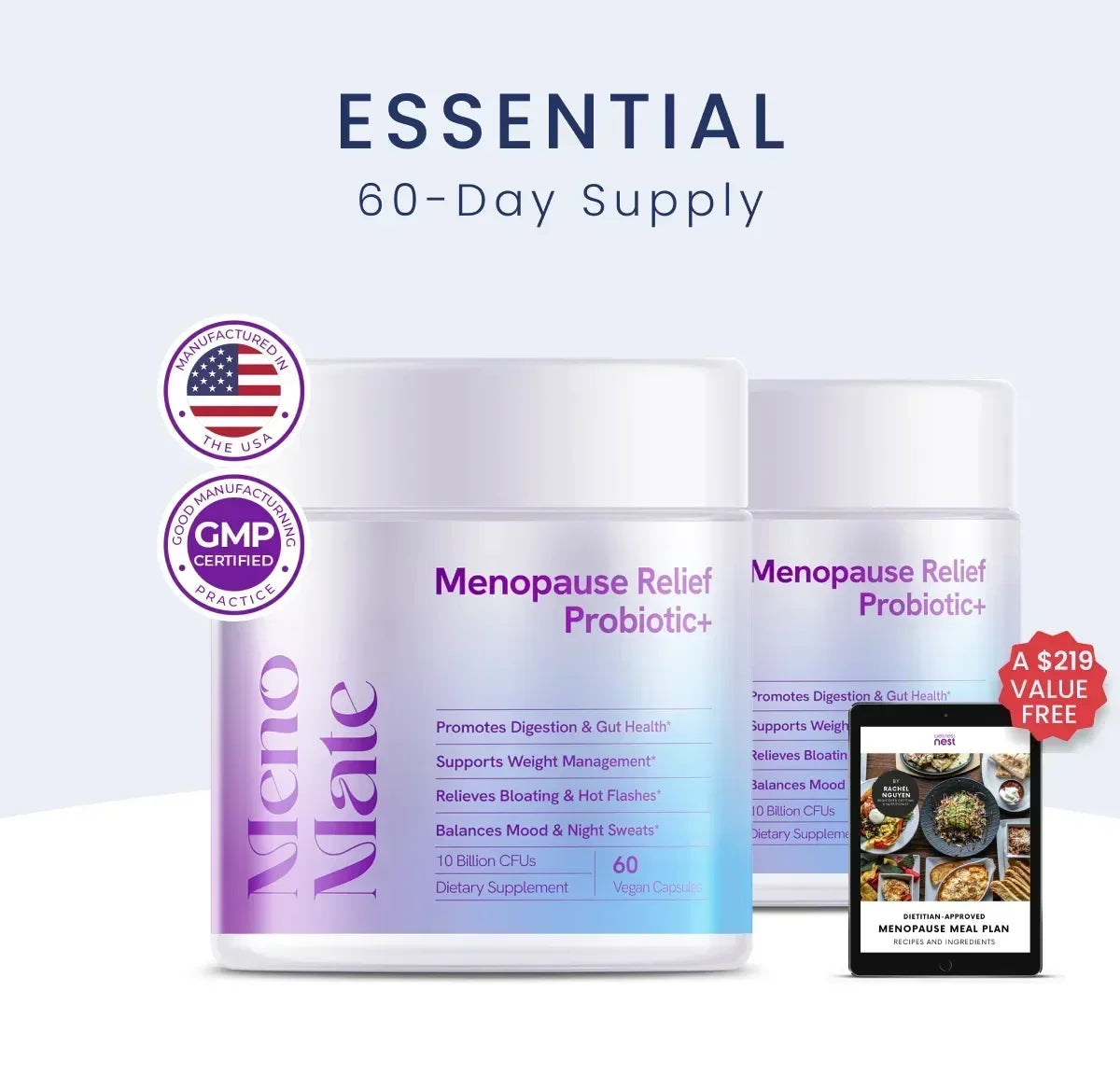 Menopause Relief Probiotic packaging with a free meal plan offer on a light blue background