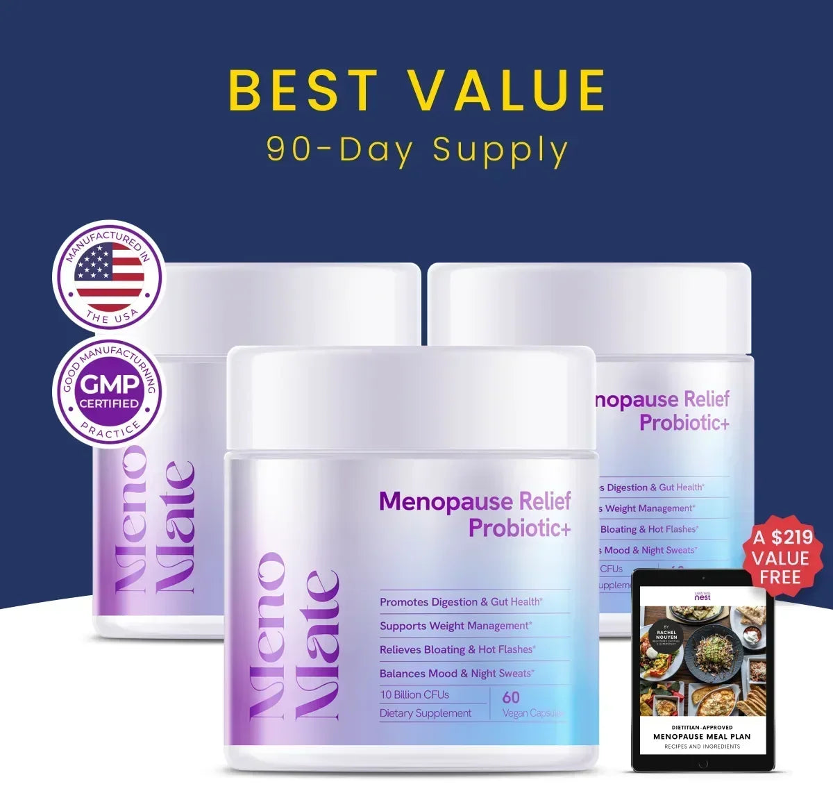 Menopause relief probiotic products with 'Best Value' and '90-Day Supply' text on a blue background.