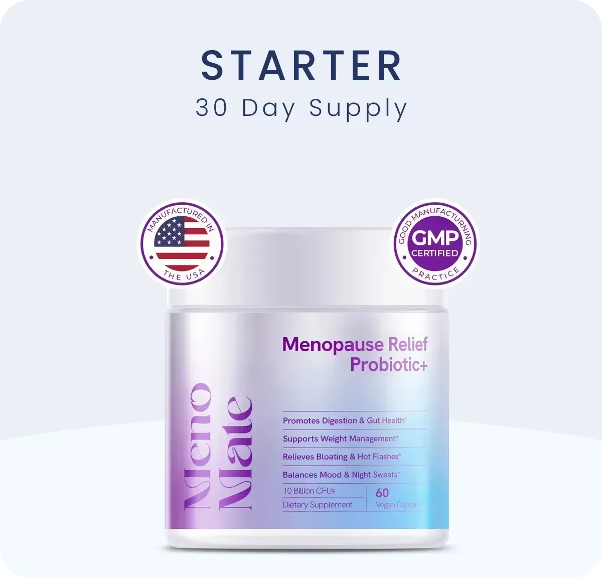 Menopause Relief Probiotic+ container with 'Starter 30 Day Supply' text on a white background
