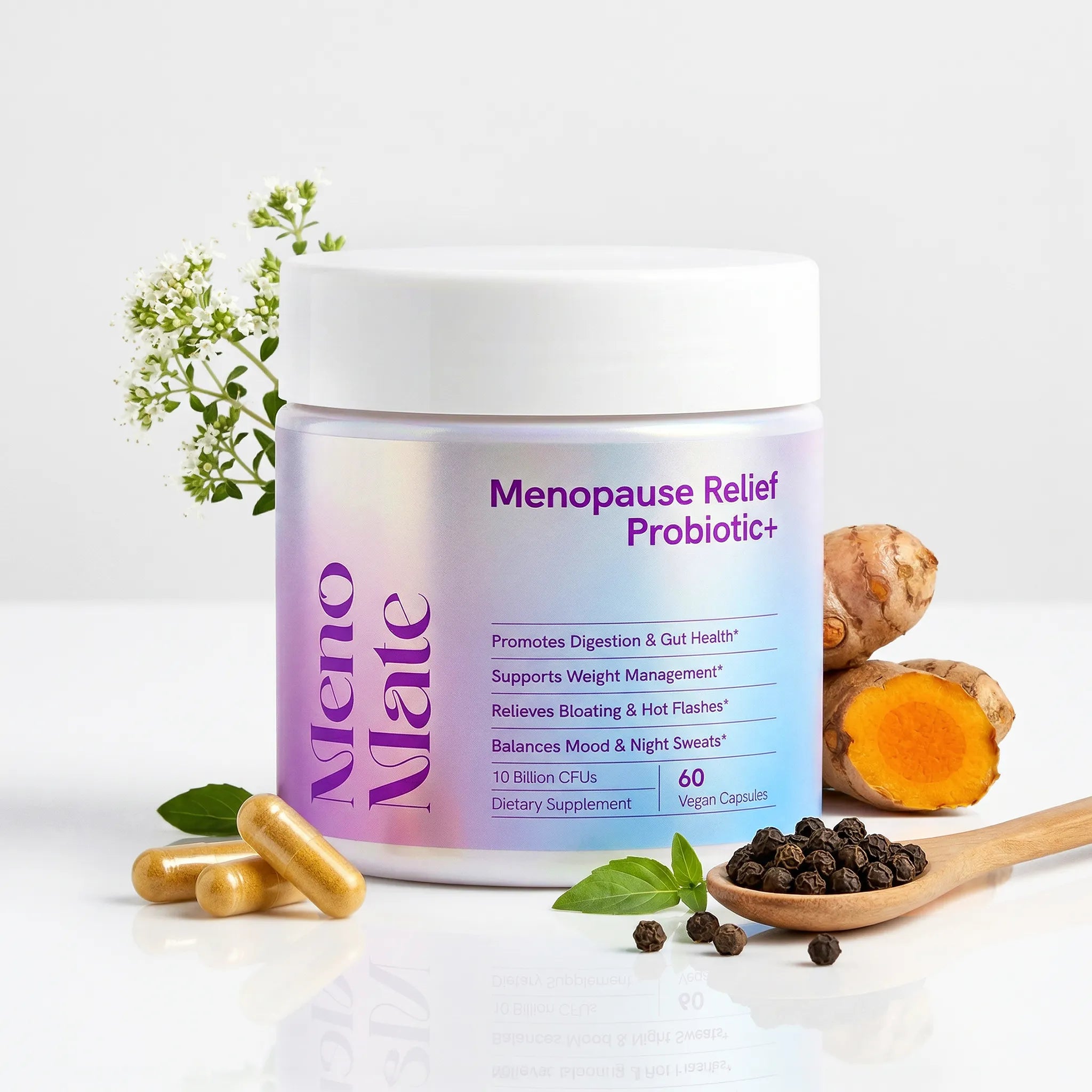 Menopause Relief Probiotic+ supplement jar with capsules, turmeric root, and black pepper on a white background