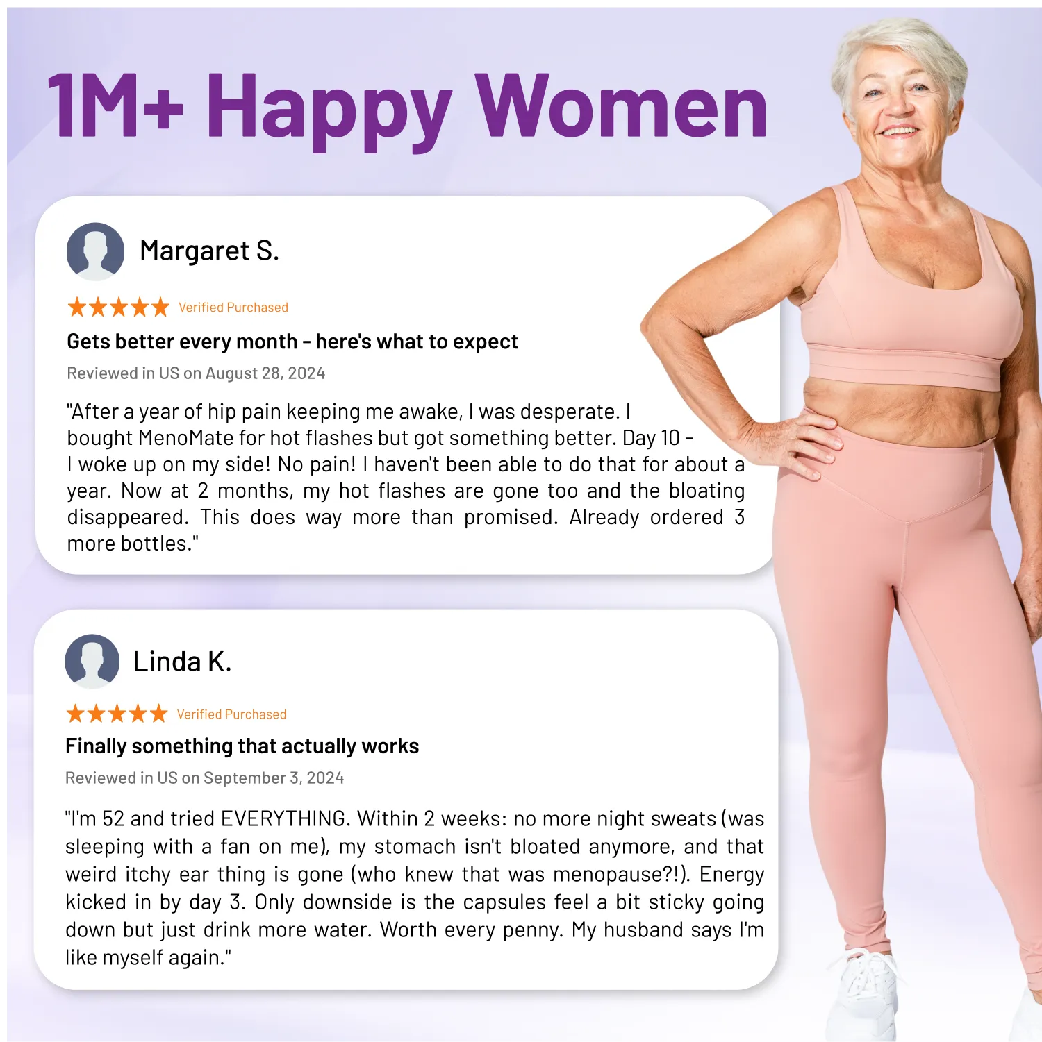 Advertisement for a women's health product with customer reviews and a woman in athletic wear.