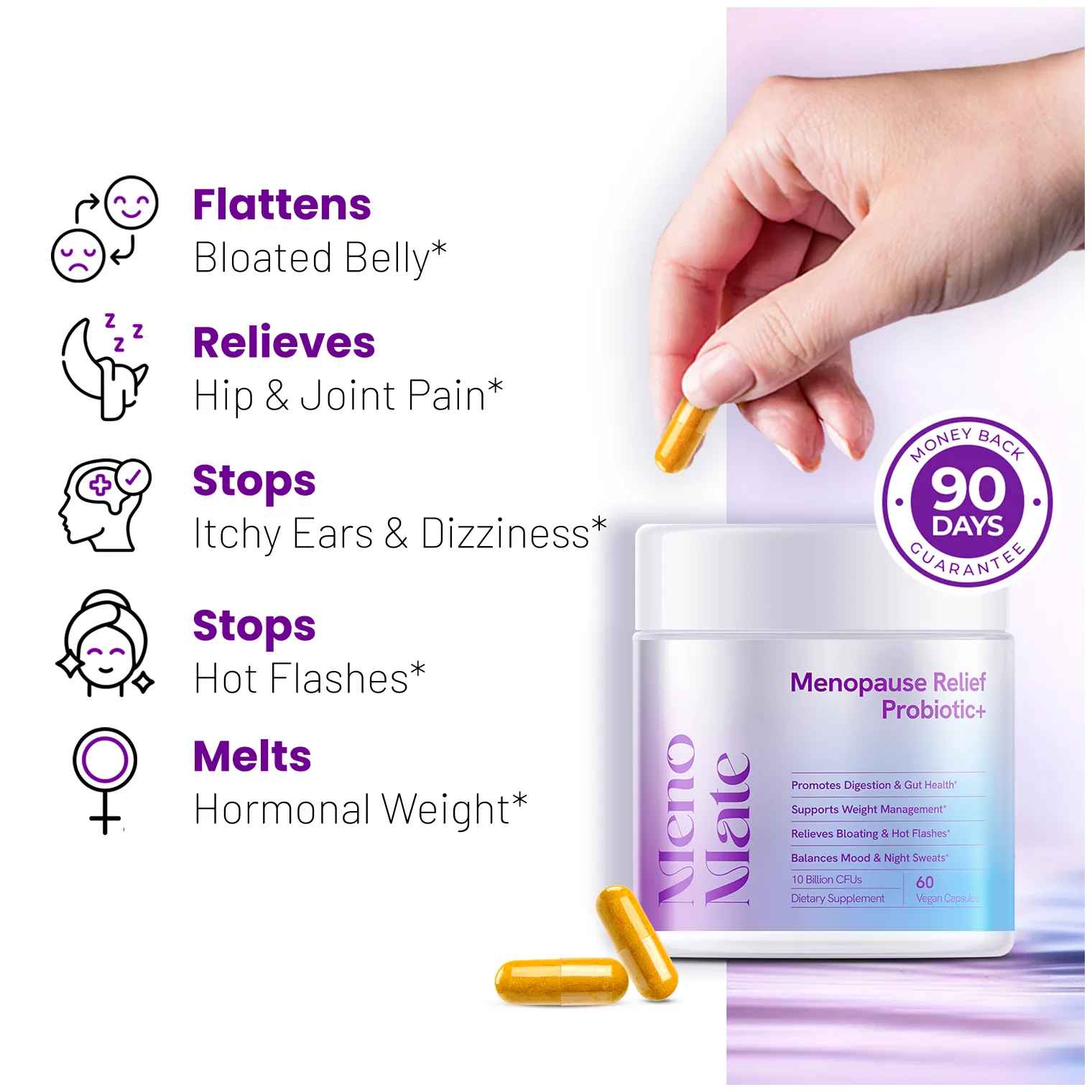 Menopause relief probiotics with a hand holding a capsule and product packaging on a white background.
