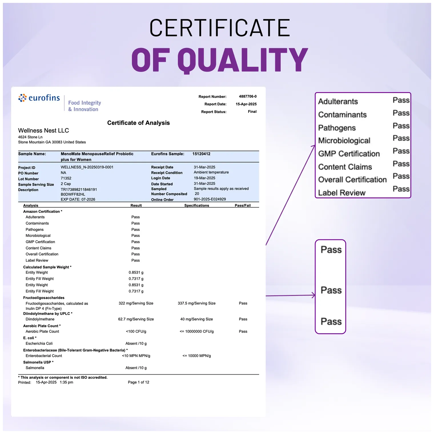 Certificate of Quality with certification details on a purple background