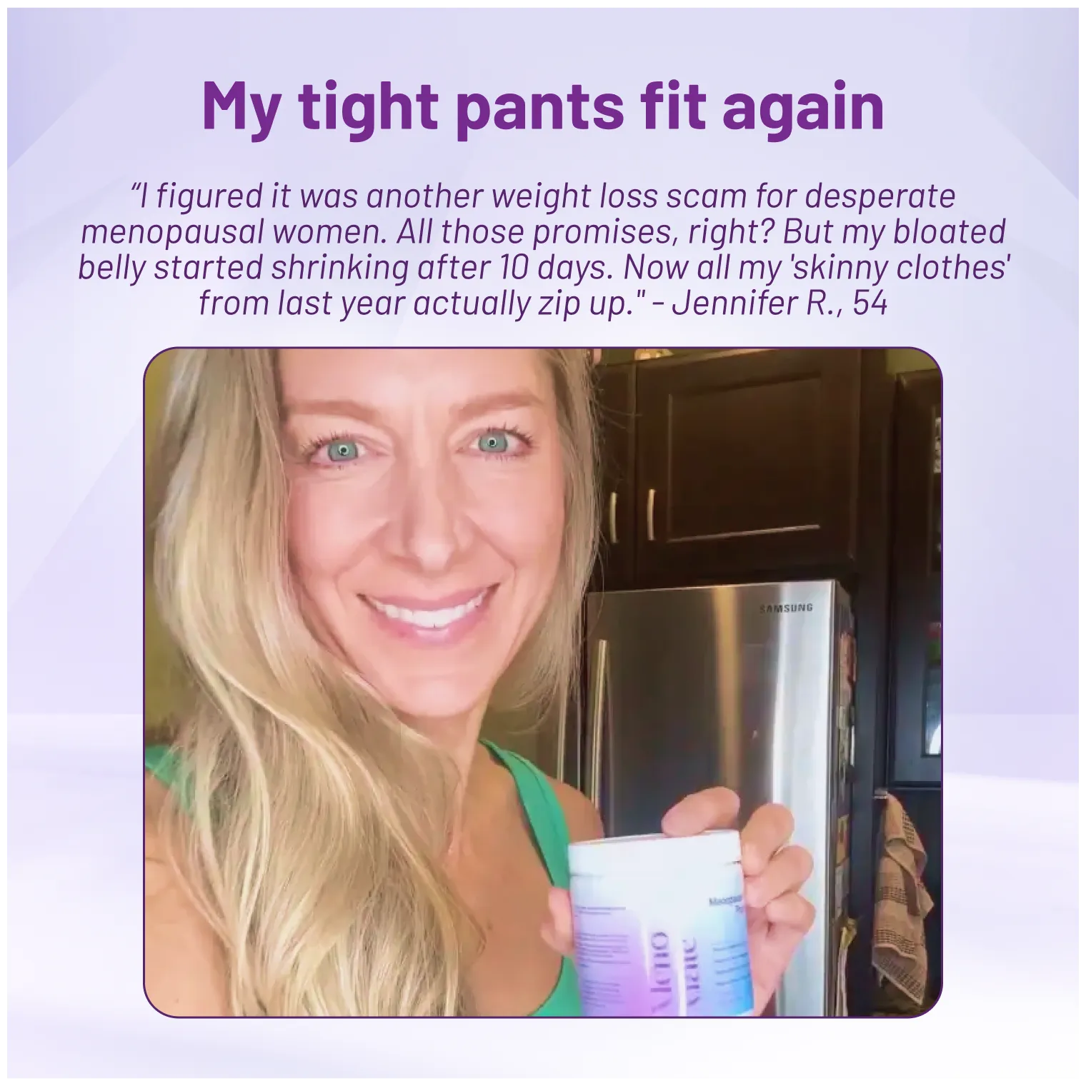 Woman holding a product with text about weight loss and product efficacy.