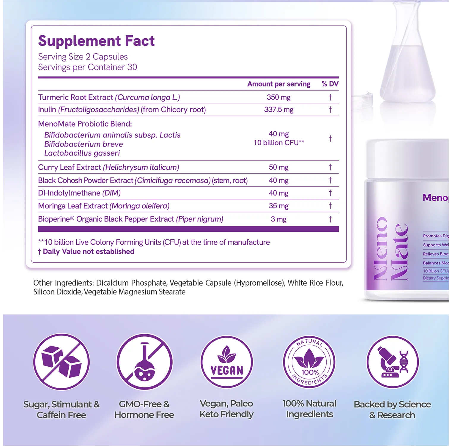 Supplement label with Meno Mate product on a purple background