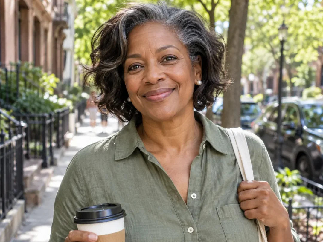 Yvonne: a woman walking down a sunny sidewalk with a coffee and a tote bag, smiling