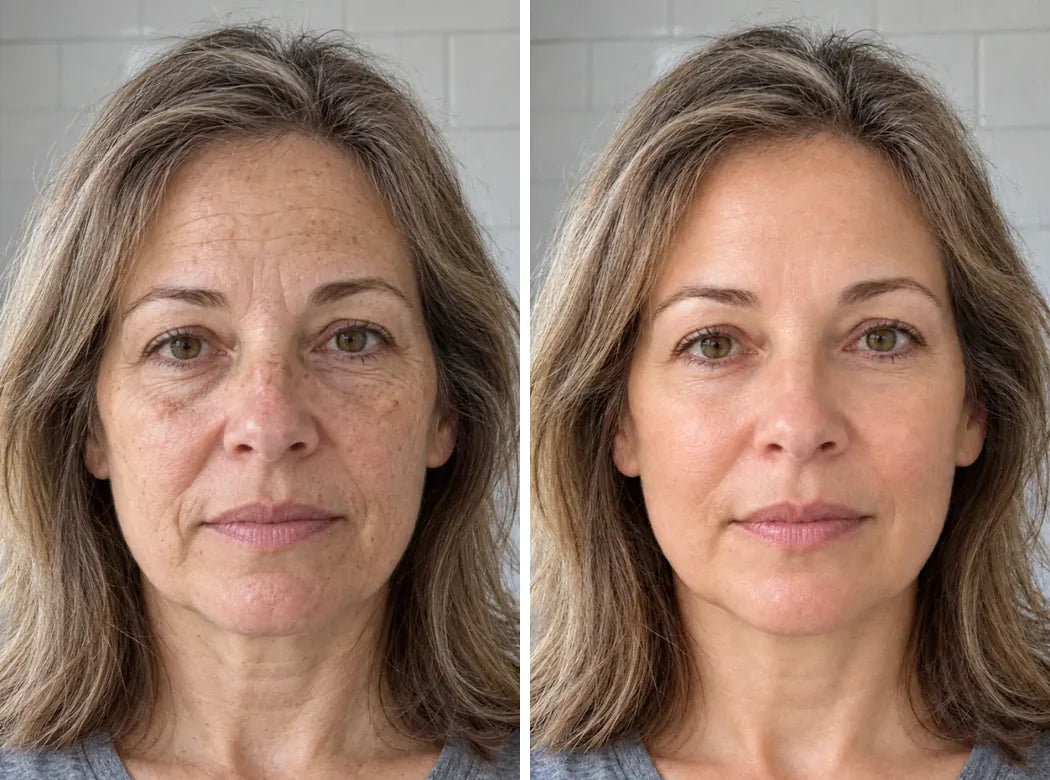 Before and after: a woman in her fifties, in her bathroom, tired and duller on the left, firmer and glowing on the right