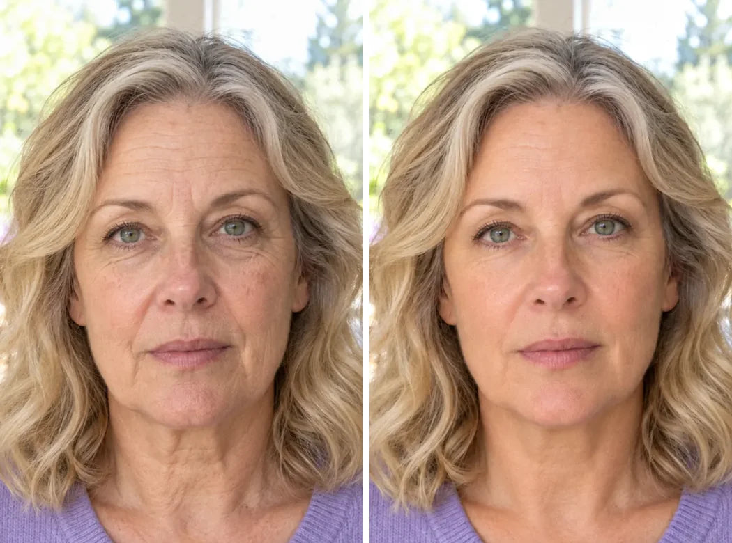 Before and after: a woman in her fifties, at her breakfast table, tired and duller on the left, firmer and glowing on the right