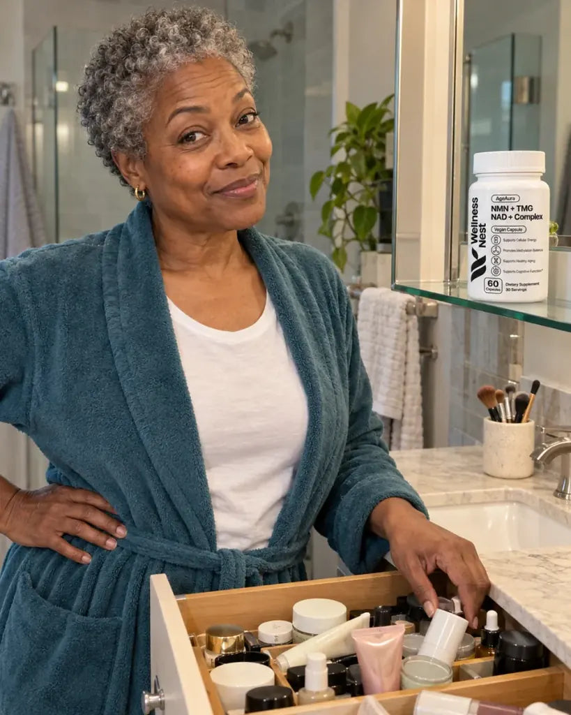Angela: a woman at her bathroom vanity beside an open drawer full of jars, a bottle of AgeAura on the shelf by the mirror