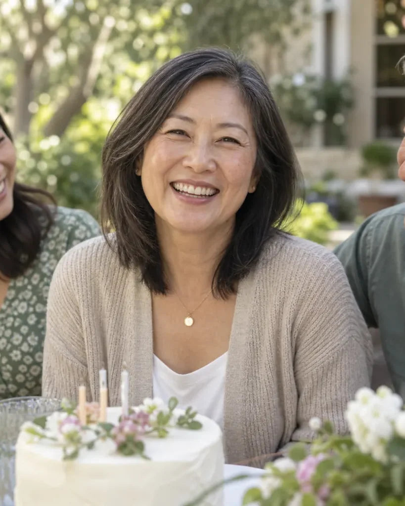 Mei: a woman smiling at a birthday table