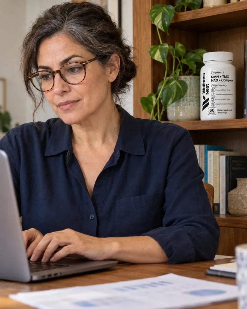 Elena: a woman reading research on her laptop beside a bottle of AgeAura