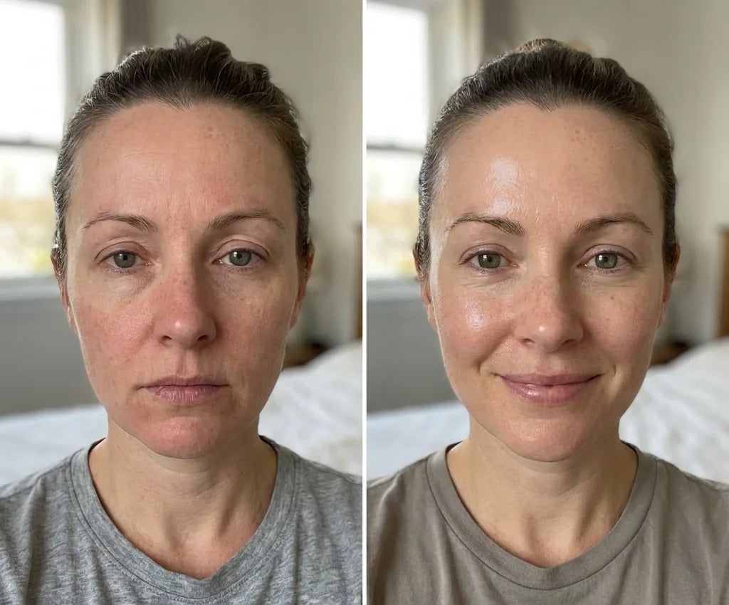 Donna R.: the same woman twice in a grey t-shirt, her skin flatter in the first and fresher in the second