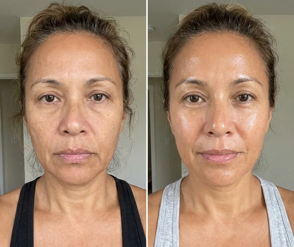 Gail W.: the same woman twice in a black top, her skin duller in the first and brighter in the second