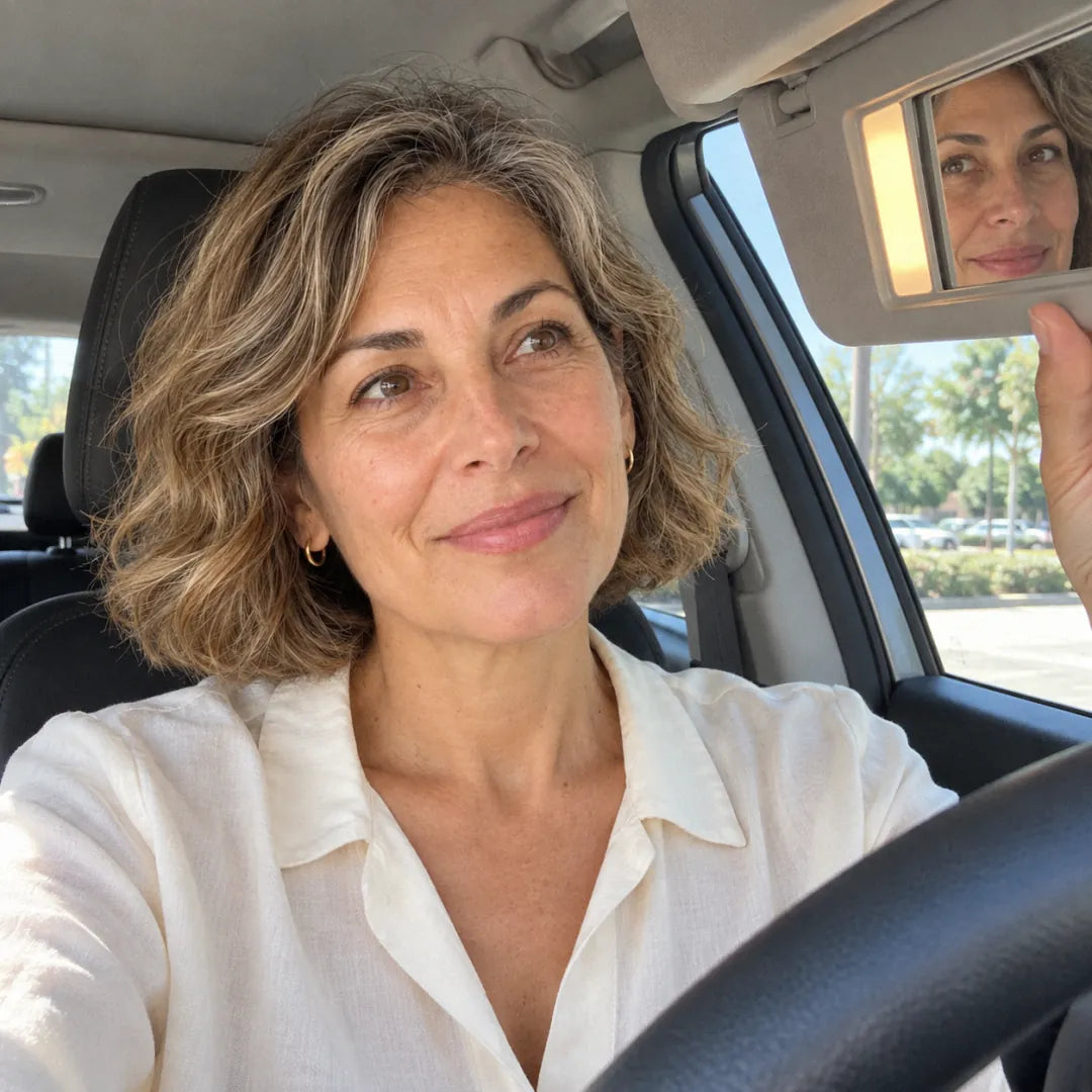 The same woman in her parked car at 10 am, checking her skin in the visor mirror with a small smile