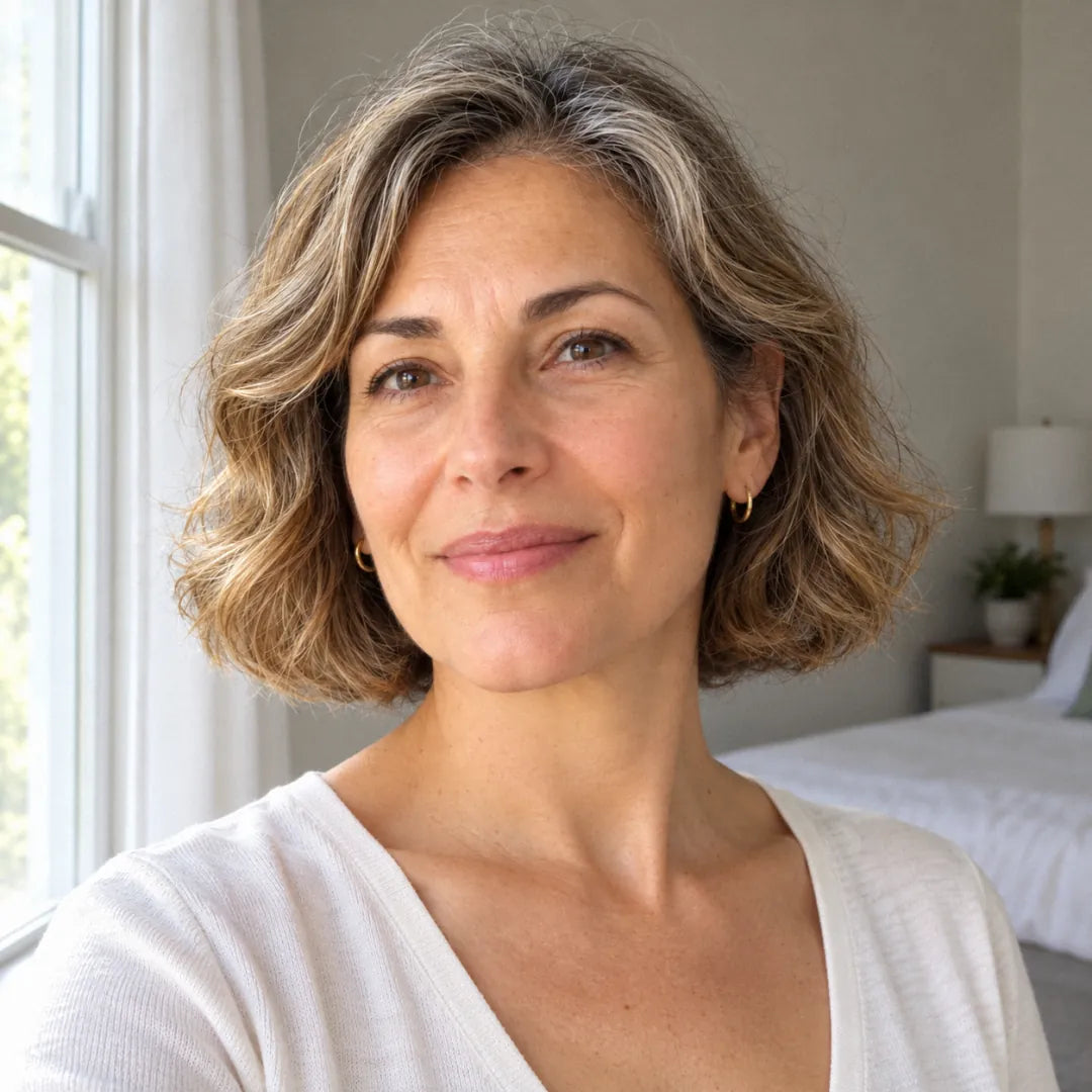 The same woman by a bright bedroom window in a V-neck top, her jaw and neck in view, very light makeup
