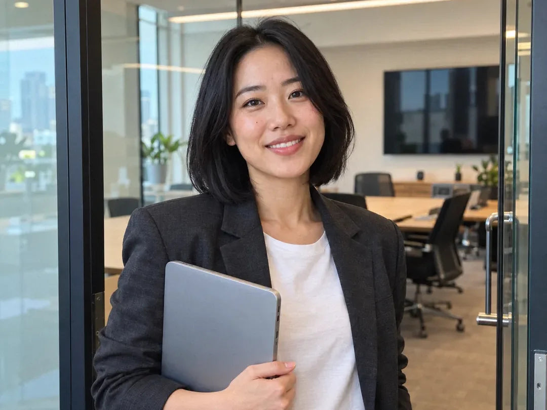 Priya Cho, in the doorway of a glass meeting room with a laptop against her chest, alert (illustrative)