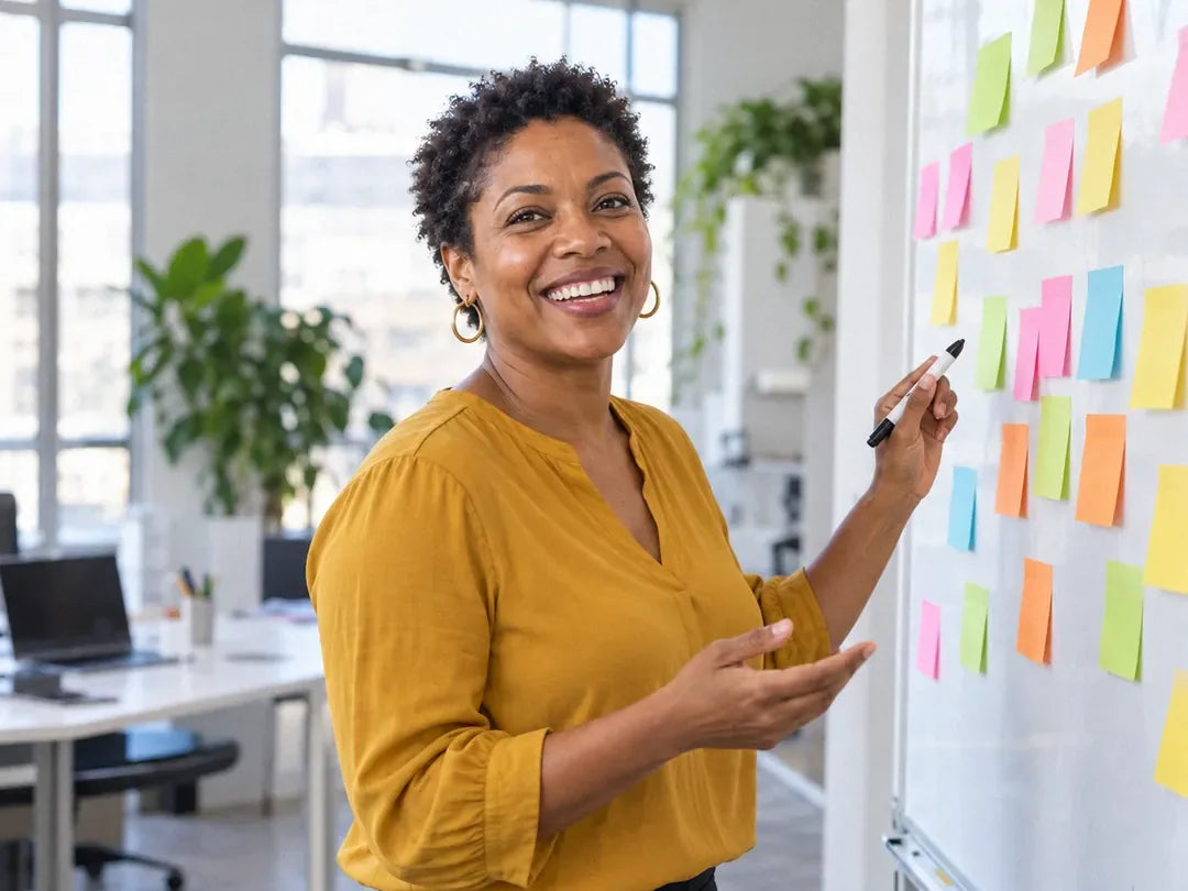Victoria Henderson, at a whiteboard of sticky notes with a marker, turning to the camera (illustrative)