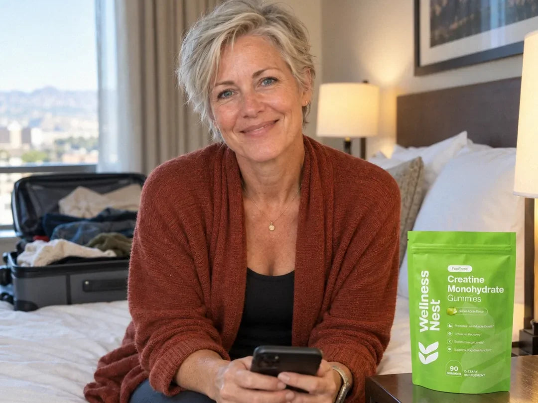 Paula Clark, on the edge of a hotel bed with an open suitcase behind her, the pouch on the bedside table (illustrative)