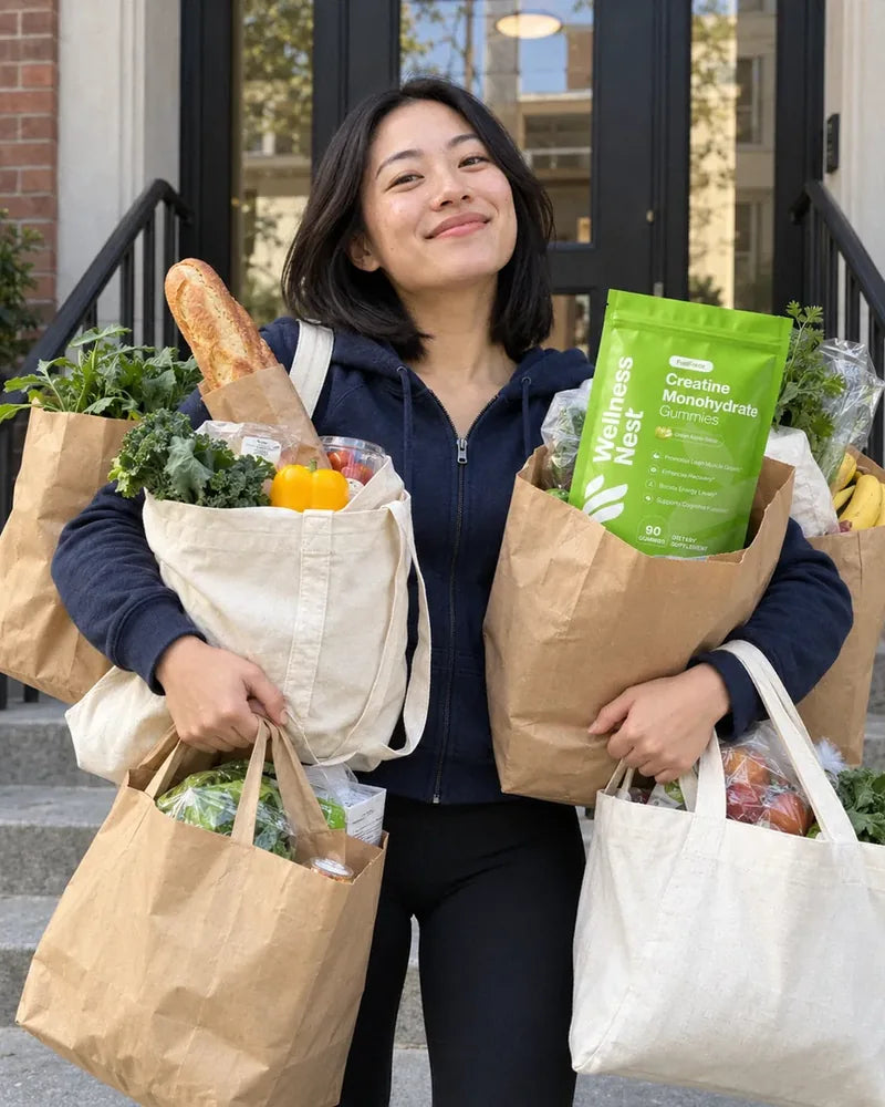 Emma L., 29, carrying six grocery bags up her apartment steps, grinning, the pouch poking out of one bag (illustrative)