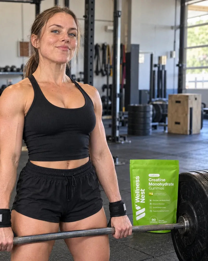 Brittany N., 26, at the top of a deadlift with a fierce half-smile, the pouch on the gym floor beside the plates (illustrative)