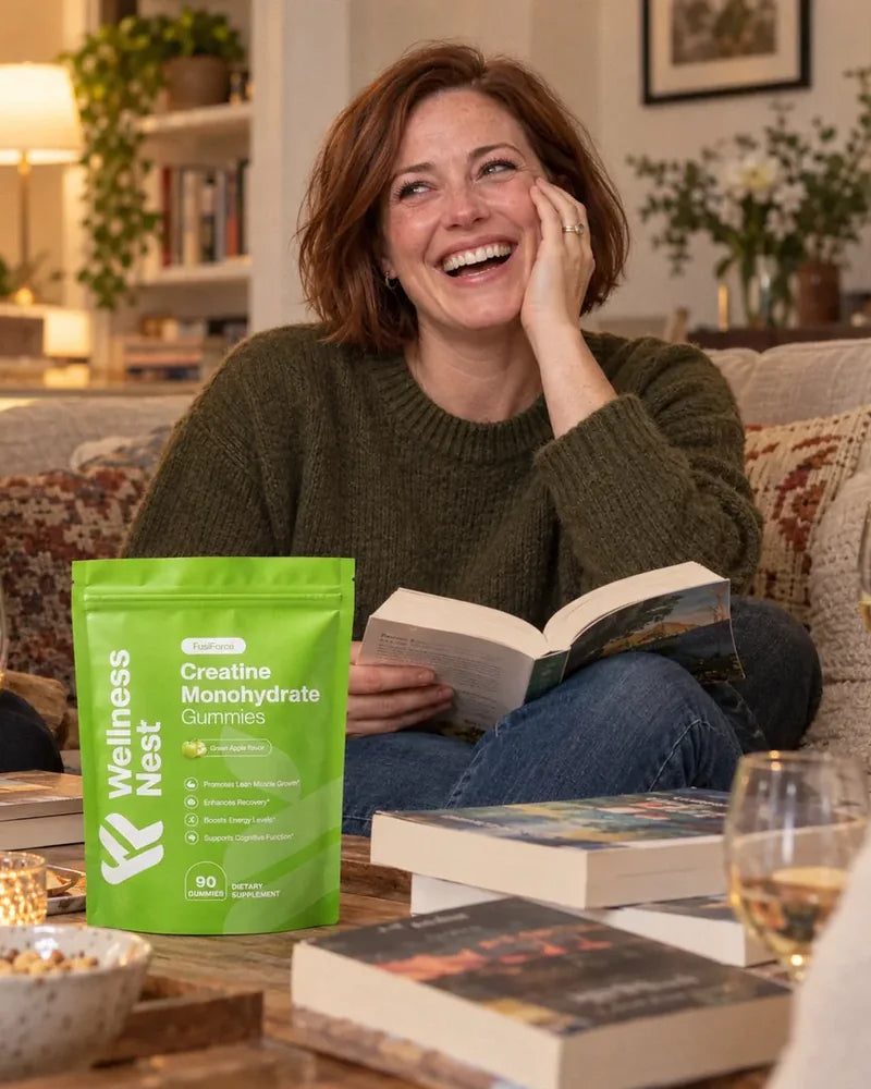 Michelle T., 42, laughing with happy tears on a sofa at book club, the pouch on the coffee table among the books (illustrative)