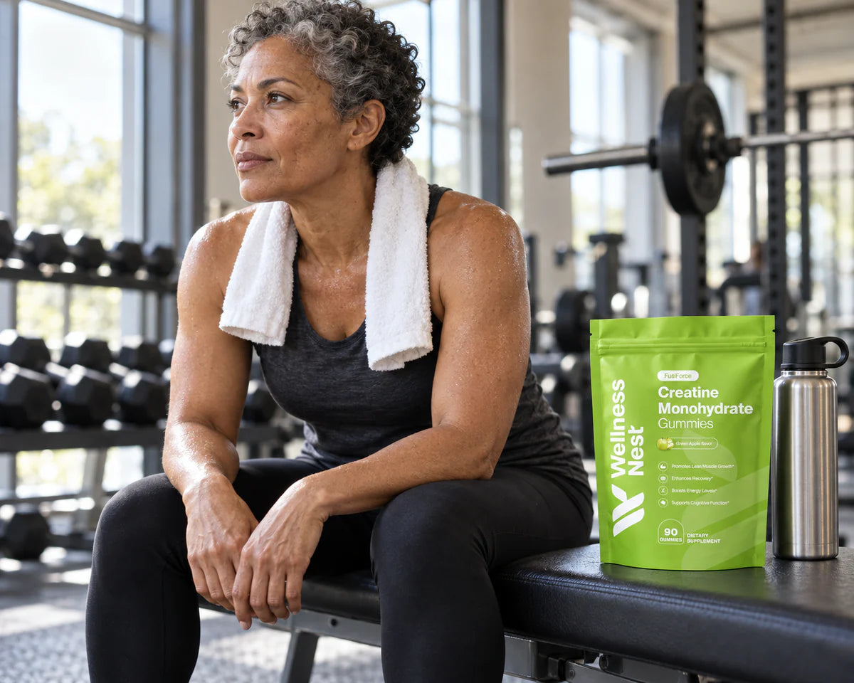 Hands holding the green FusiForce pouch over a gym bench, dumbbells behind