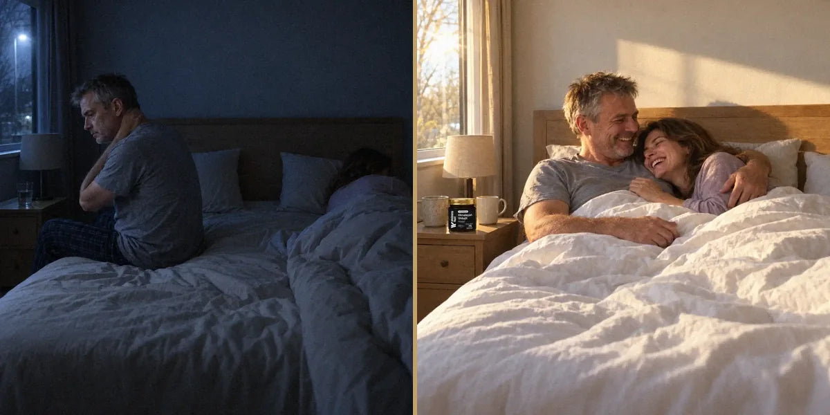 A couple in their fifties in the same bedroom twice: at night he sits on the edge of the bed with his back turned and a wide gap of sheet between them; in the morning they lie close under the duvet laughing, the ShilaSource jar on the nightstand