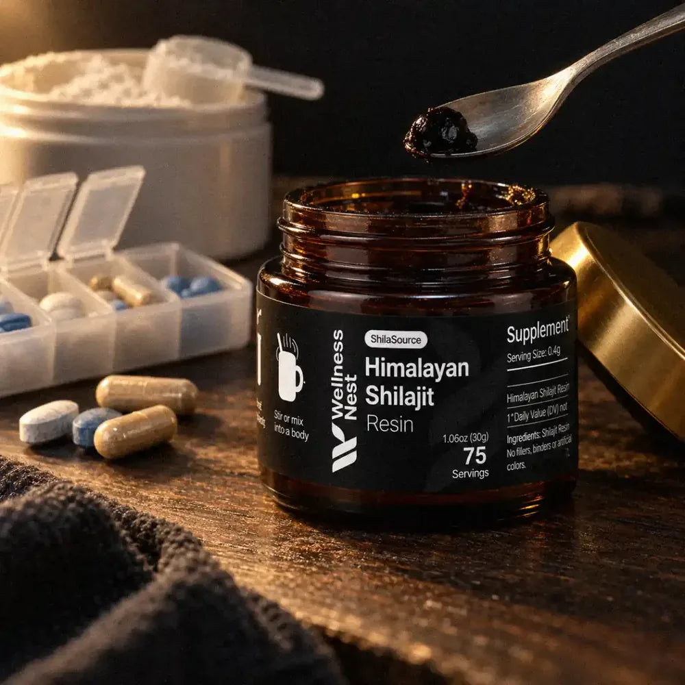 A seven-day pill organiser full of blue tablets, a supplement tub with powder and loose capsules, small and soft behind the large ShilaSource jar and a spoon holding one pea-sized bead of black resin